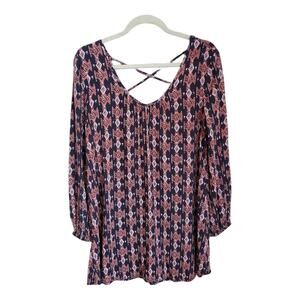 Billabong Criss Cross Loose Fit Long Sleeve Boho Tunic Shirt Mini Dress Sz XS